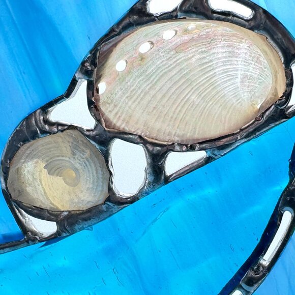 Stained Glass Blue Abstract Round Suncatcher Natural Shells Silver Accent Vtg - Picture 2 of 9